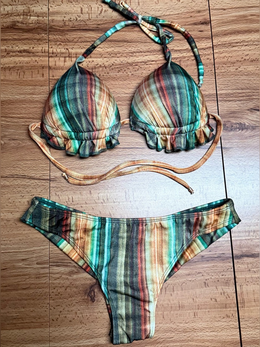 Women’s Striped Green & Brown Ruffle Triangle Brazilian Bikini Set Swimwear